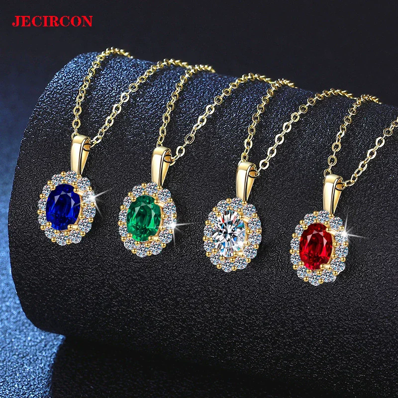 

JECIRCON S925 Sterling Silver Moissanite Necklace, 1 Carat Red/Blue/Green Artificial Cultivation Gem Pendant Collarbone Chain