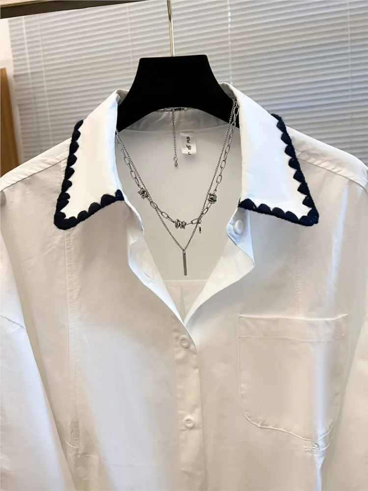 Loose Long Sleeve Women shirt Korean Yellow Floral Trim Splicing Breathable Comfortable Cotton Commute Fashion Ladies tops