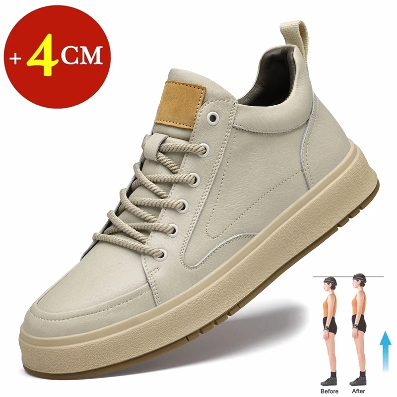 

Cow Leather Men Lift Sneakers Height-increasing Shoes Hidden Elevator Shoes Men's High Top Casual Shoes 4CM Heighten Sport Shoes