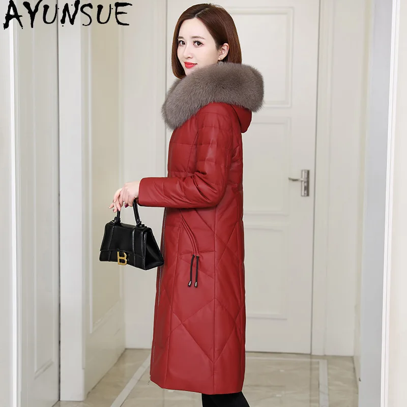 AYUNSUE Damska kurtka puchowa z prawdziwej skóry, ciepła zimowa odzież z kołnierzem z futra lisa, długi płaszcz ze skóry owczej dla kobiet Jaqueta Couro