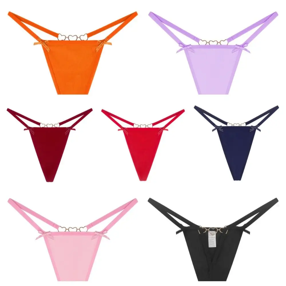 Seamless Solid Color Bow Thong Low Waist Panties Sexy G-String Underwear Heart Buckle Traceless Briefs Daily
