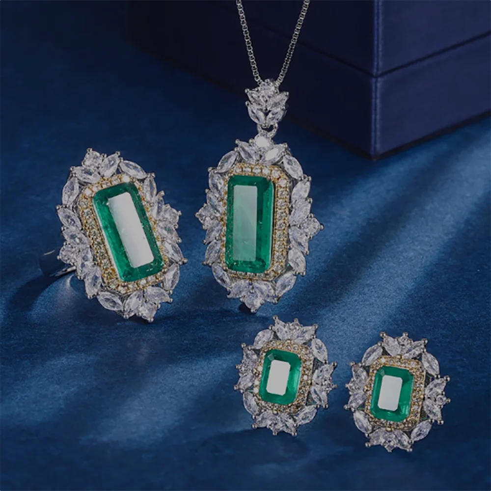 Fashion Simulation Grandmother Green Diamond Pendant Ring Retro Atmospheric Banquet Jewelry Set