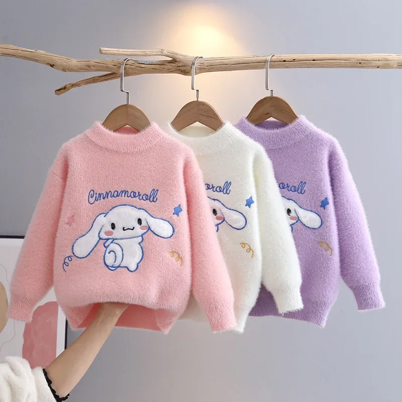 Girls Sanrios Anime Kawaii Cinnamoroll Winter Cartoon Pullover Loose Knitted Top Imitation Mink Fleece Long Sleeved Sweater