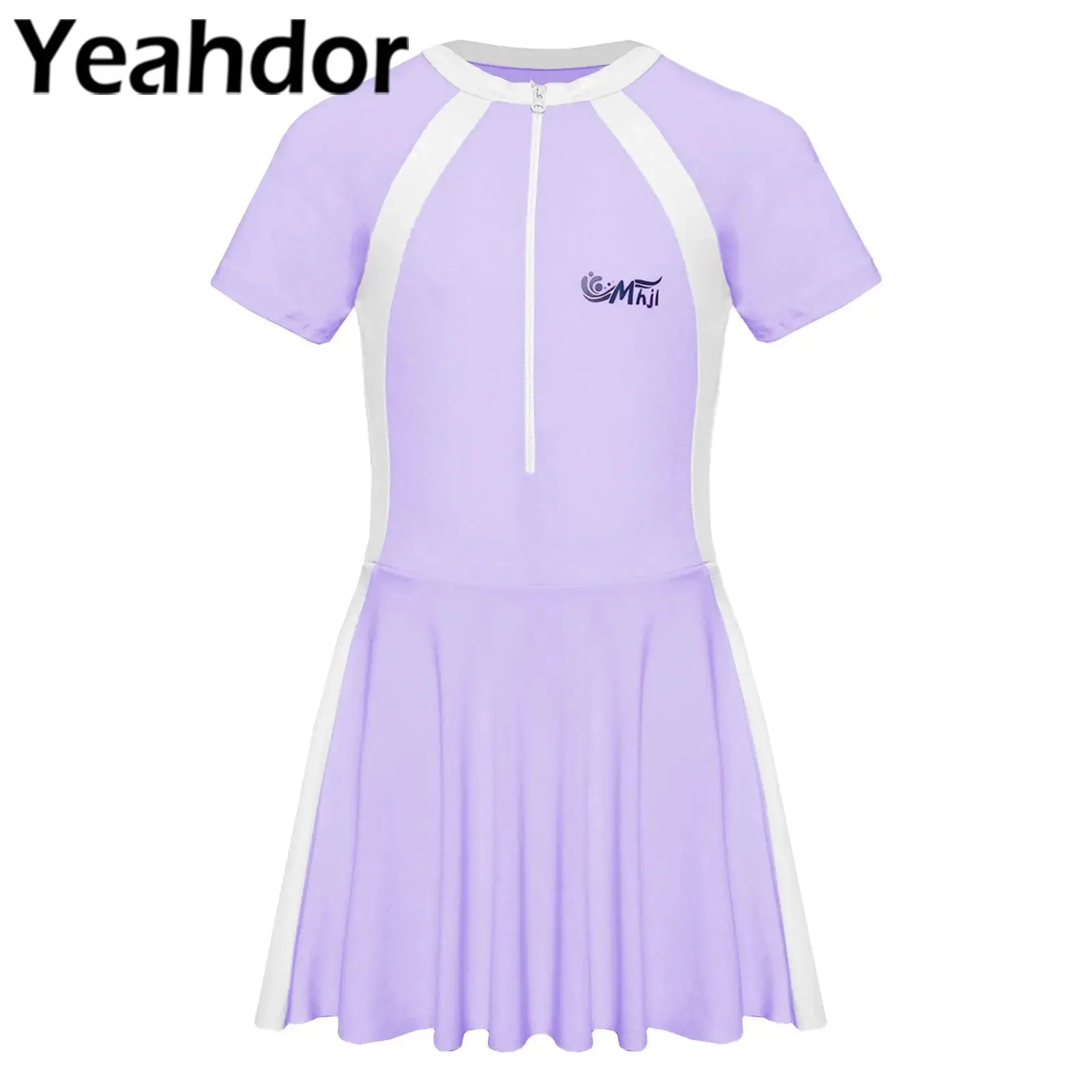 

Детский цельный купальник для девочек с короткими рукавами и нагрудными подушечками, платье для плавания на молнии спереди с защитными шортами, пляжная одежда, комплекты купальных костюмов