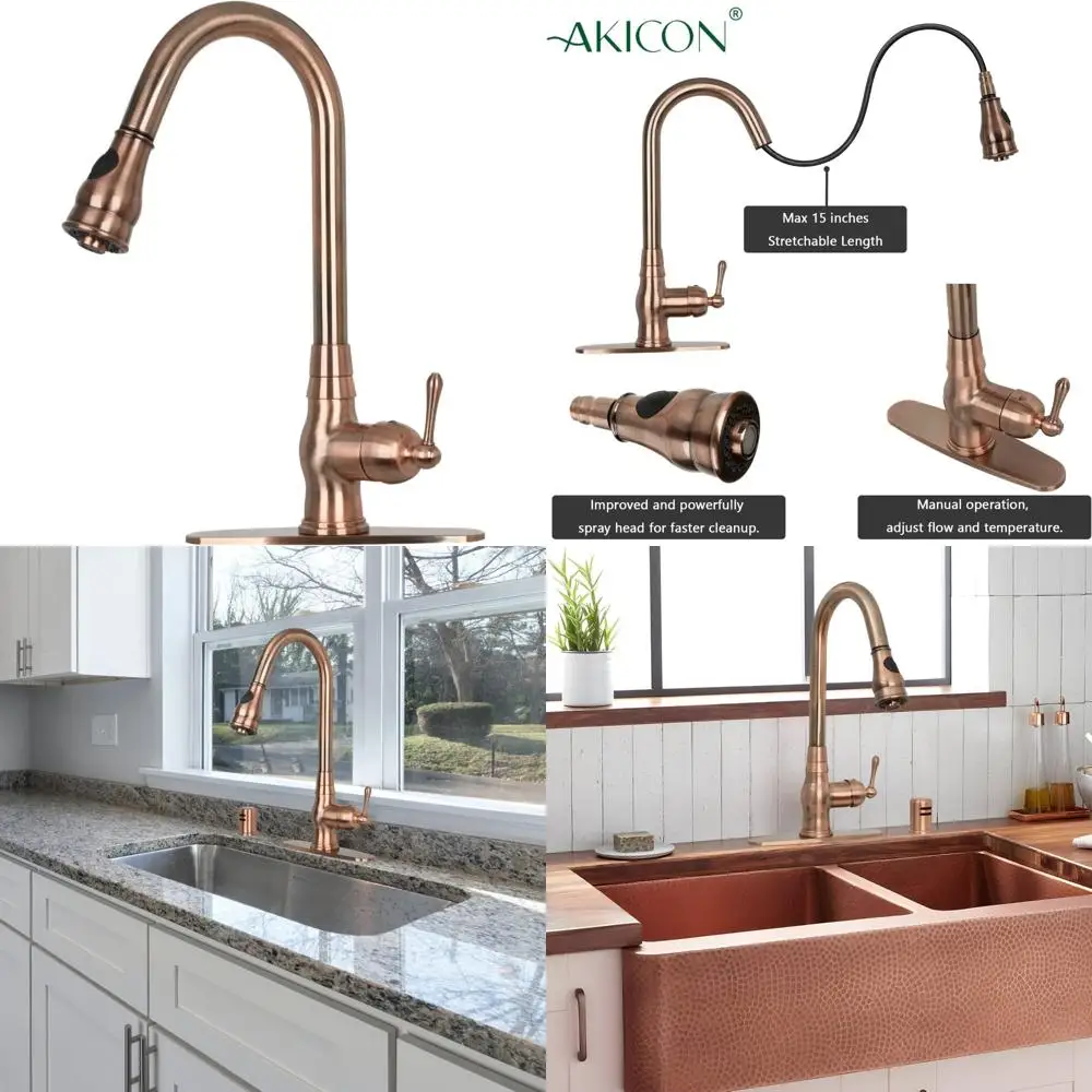 Antique Copper Single Level Solid Brass Pull-Down Kitchen Faucet with Deck Plate for Sink, One-Handle Design