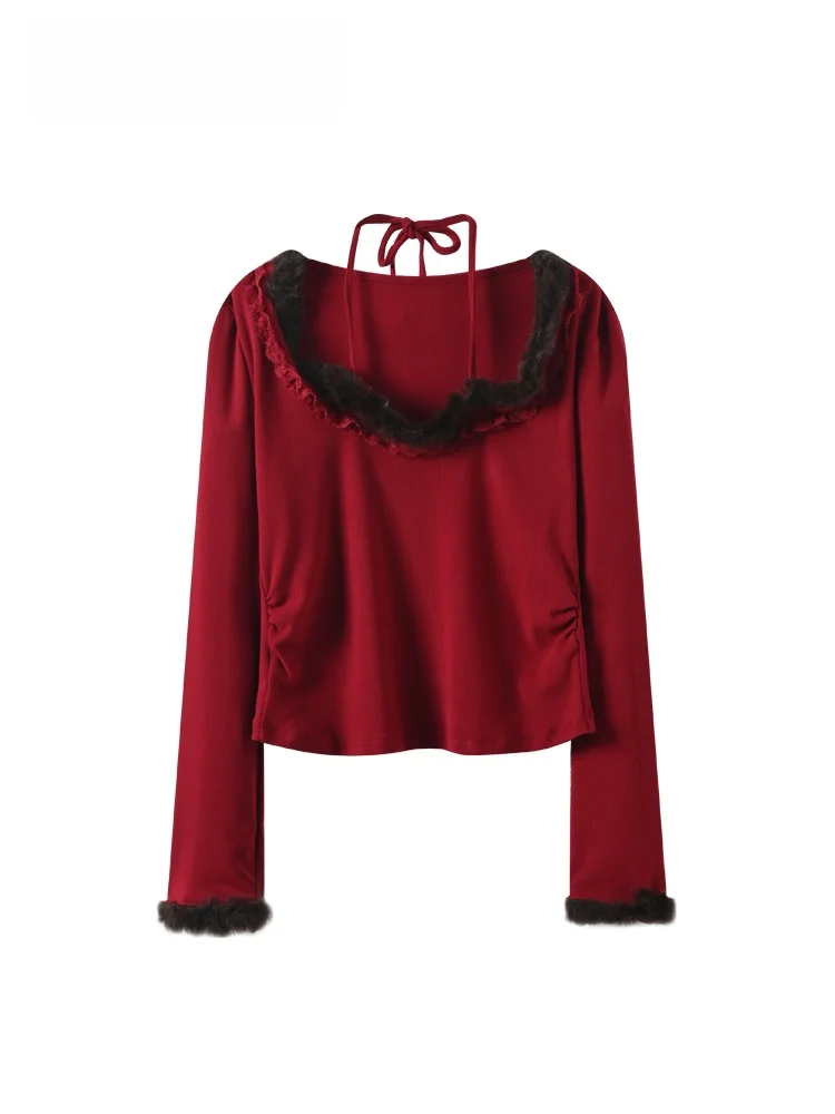 

Женская футболка больших размеров с пышными оборками, осенне-зимняя новинка, модный дизайн, красный топ, трендовый V-образный вырез, длинный рукав, повседневная одежда