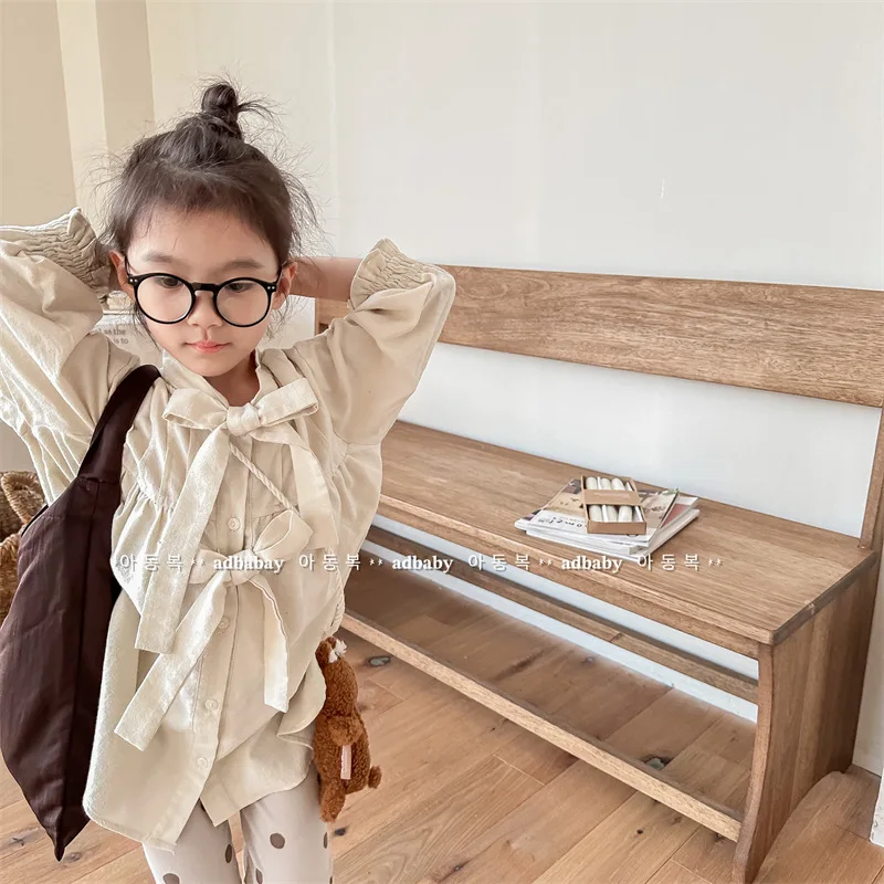 

2025 Spring Children's Clothing New Girls Spring Korean Version Bow Washed Cotton Long Version Shirt Shirt