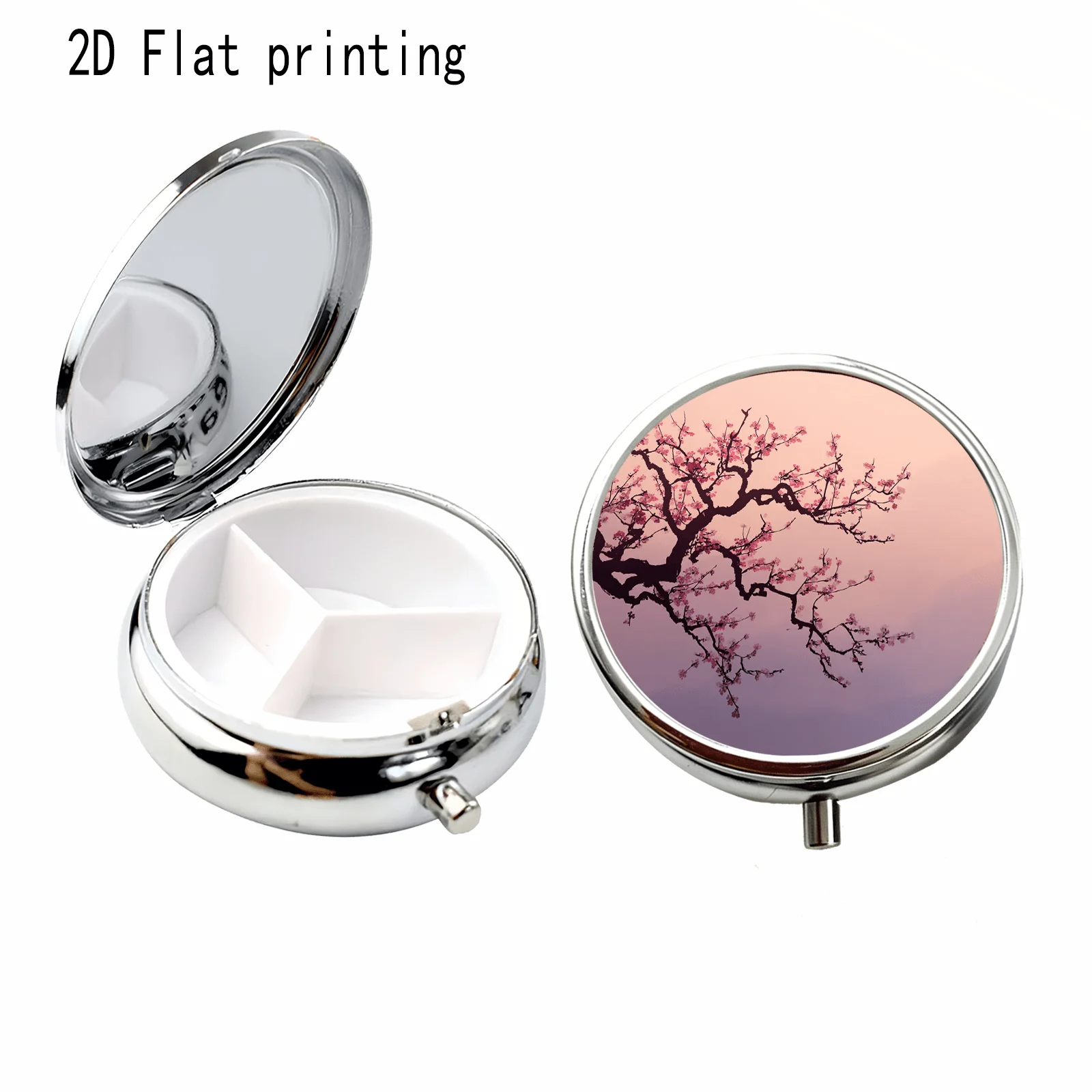 Watercolor Pattern of Pink Plum Branches, Round Three-Compartment Small Medicine Box, Portable Medicine Storage, Small Jewelry Storage, Suitable for Handbags or Travel, Holiday Gifts, Souvenirs, Prizes, Small Gifts, for Personal Use or as Exquisite Gifts