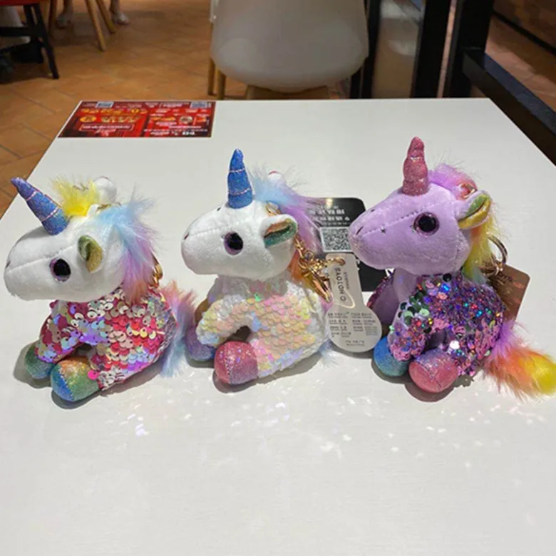 

pretty Creative cute sequins unicorn keychain pendant plush doll rainbow pony car bag pendant birthday couple christmase gift