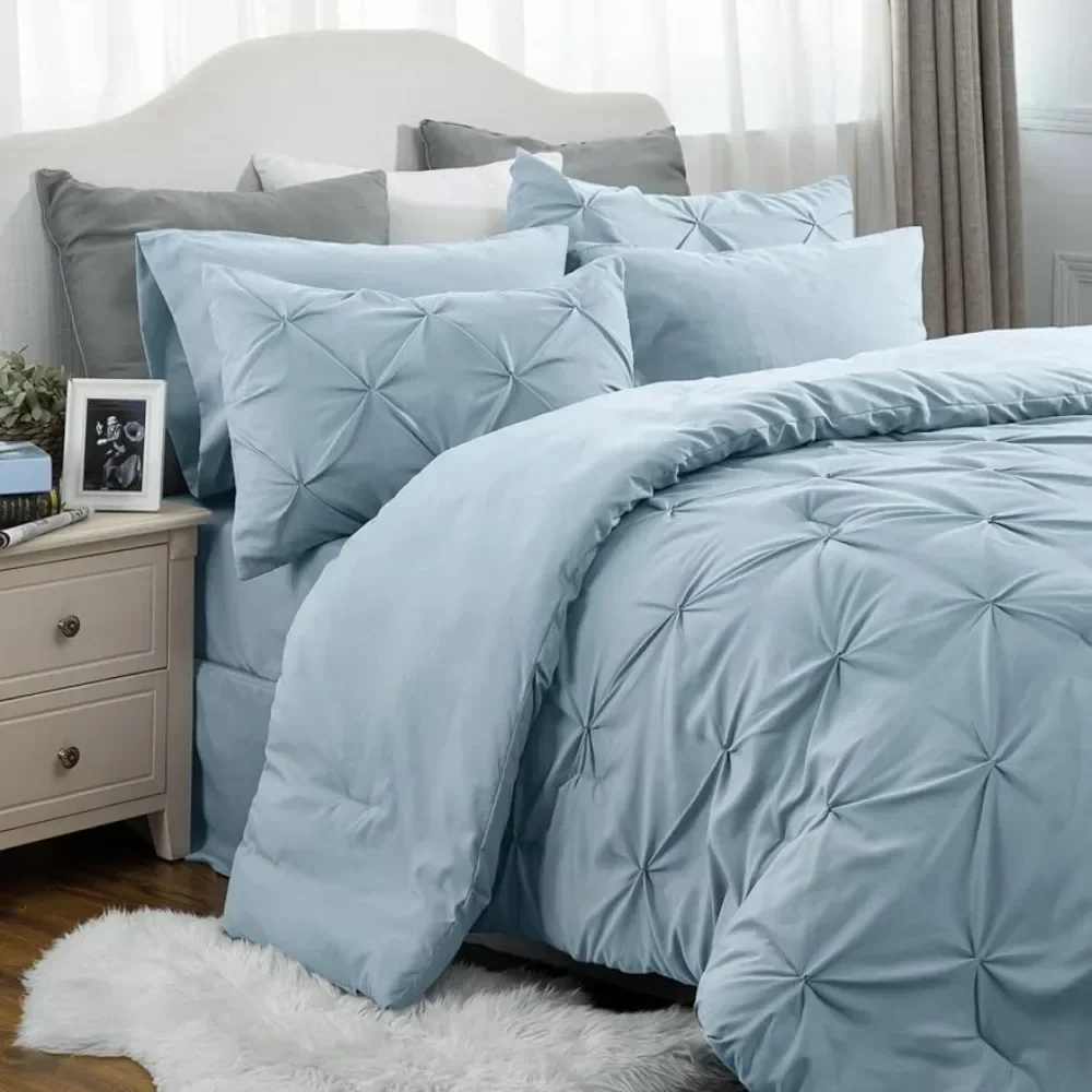 

King Comforter Set - Cal King Bed Set 7 Pieces,Pinch Pleat Light Blue Bedding Set with Comforters,Sheets,Pillowcases Shams