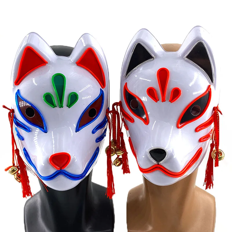 LED Colorful Fox Mask Halloween Makeup Party Reunion Dance Feathe Carnival Japanese Anime Fox Mask Neon Glow Fox Mask