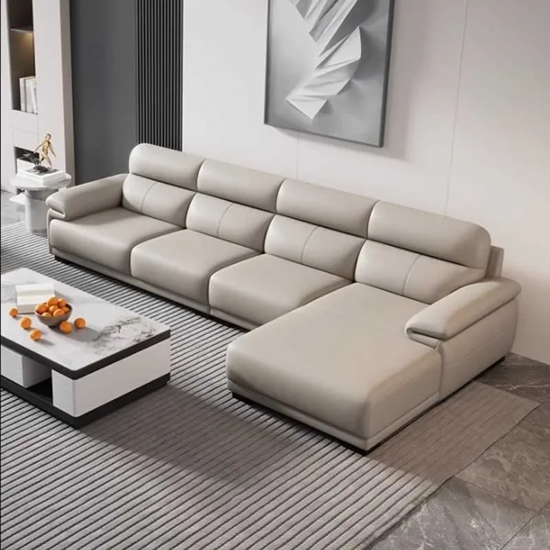

Modern Living Room Sofas Minimalistic Elegant Wooden L Shape Leather Sofa Puffs Sectional Muebles Para El Hogar Home Furniture