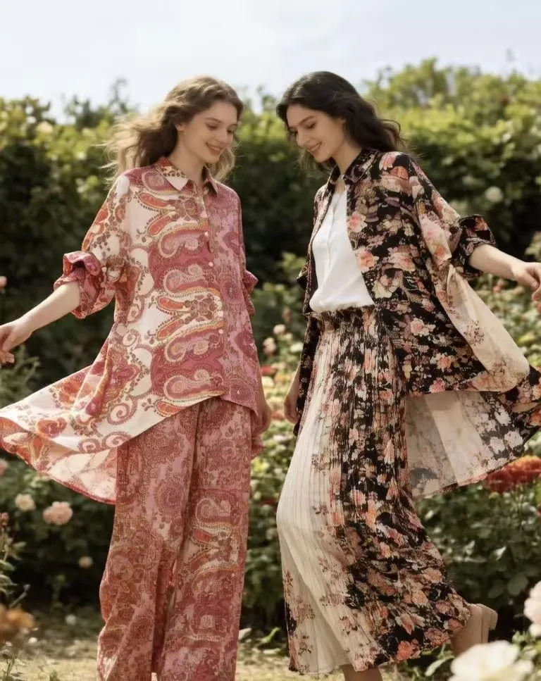

2026 New summer Vintage Print Casual Half Sleeve Fashion Women Loose Shirts + High Waist Casual Wide Leg Pants Two-piece Set