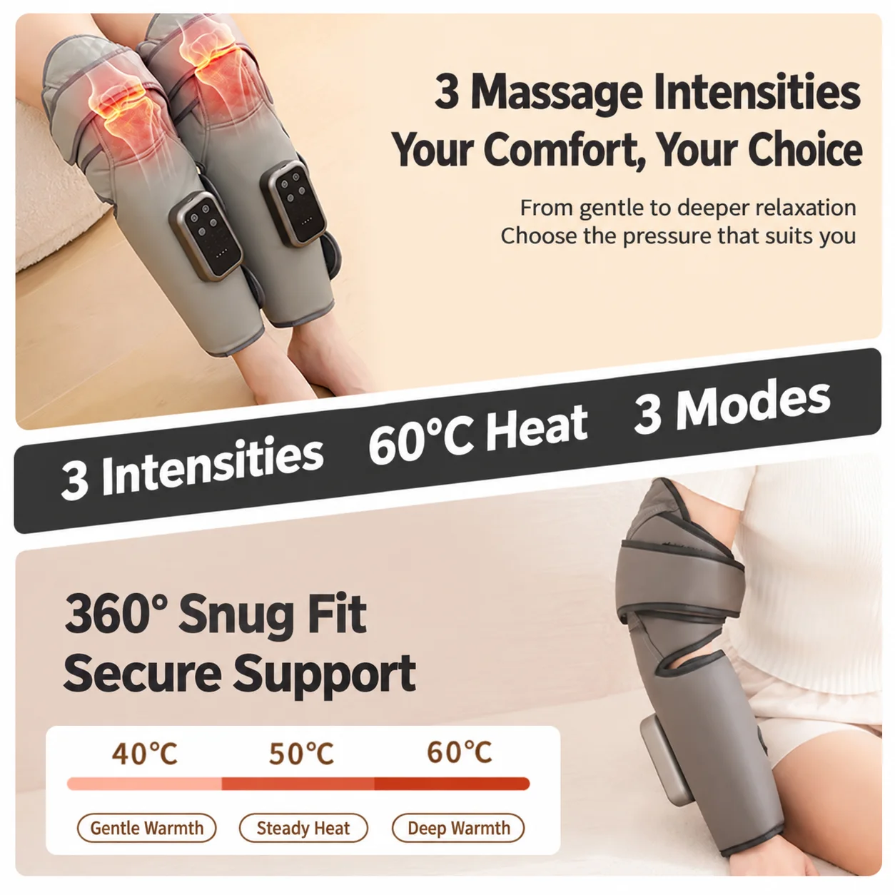 Calf Massager with Heat Rechargeable Air Compression 8866 Leg Wrap 3 Intensity Levels for Knee Elbow Daily Relaxation at Home