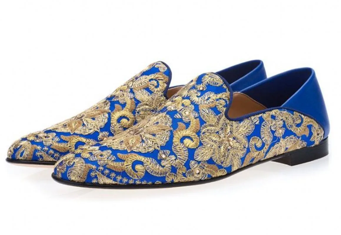 

gold embroidery loafers hombre moccasins flat heel blue groom wedding dress shoes big size euro 38-46