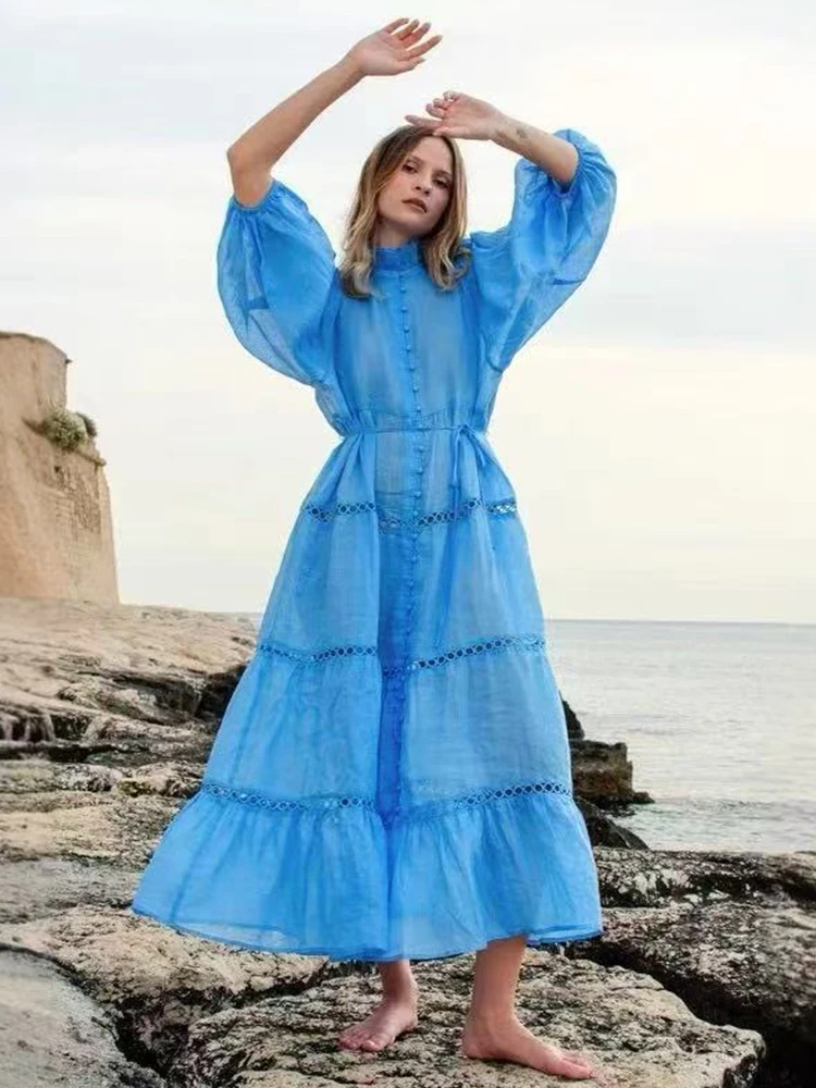 

Vintage solid color wooden ear collar single-breasted multi-level decal dress 2025 summer women's vacation loose pompadour skirt