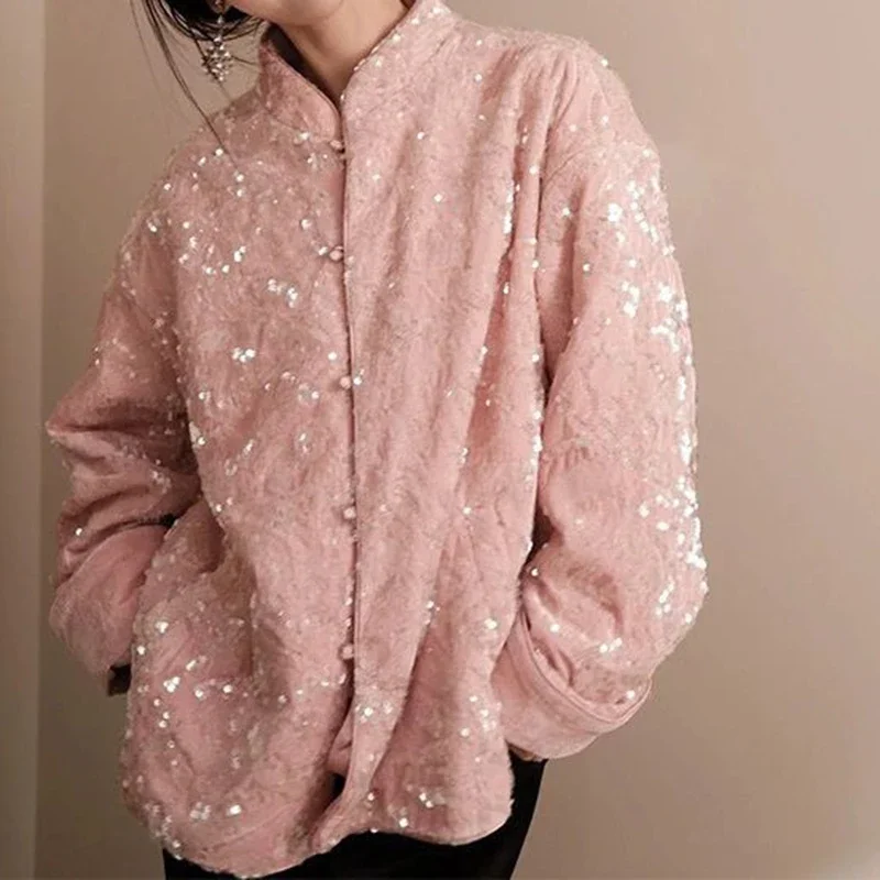 Pink new Chinese style light luxury fashion coat female 2024 autumn and winter new fashion temperament design sequined top.