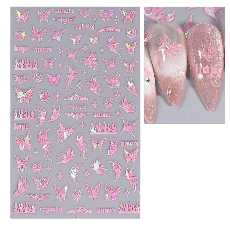 Cute Pink Sparkling Butterfly Nail Sticker Sweet Aurora Nail Styling Stereoscopic Relief For Girl Nail Decal Nail Art Salon