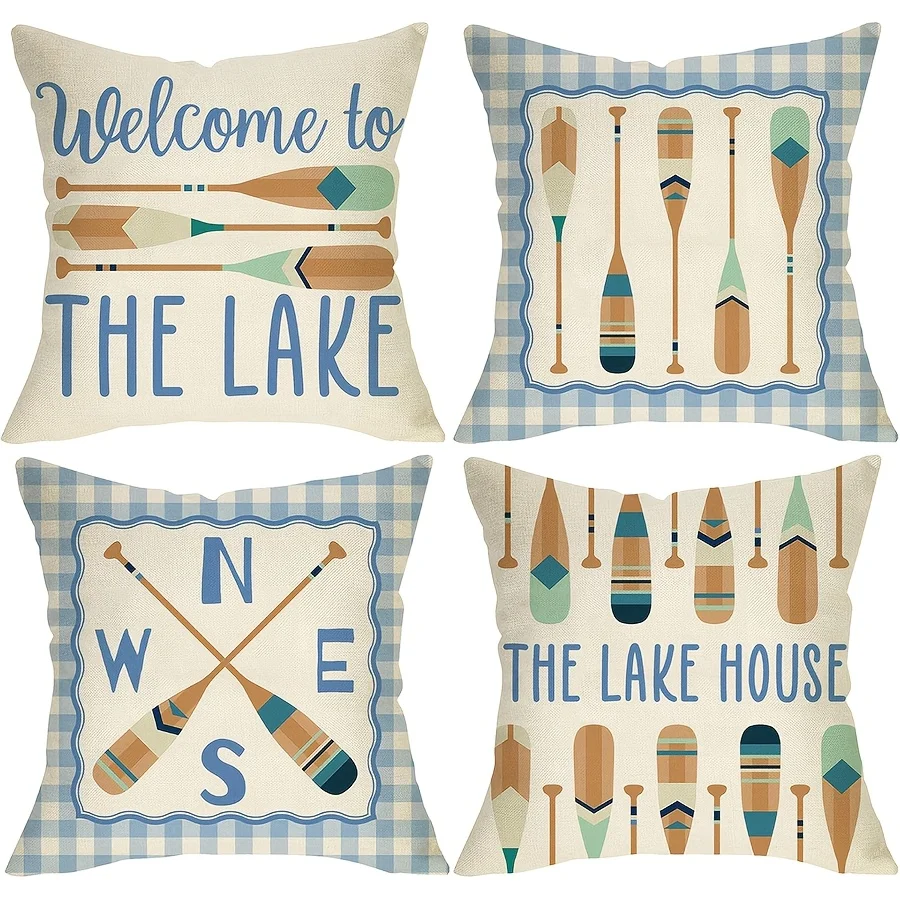 Welcome Lake House Decorative Pillowcase Set of 4 Nautical Throw Pillows Coastal Cottage Decor 40x40cm Square Cushion
