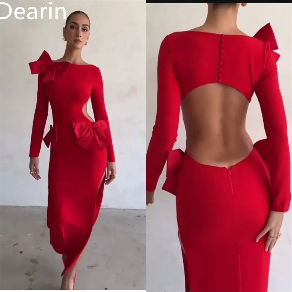 

Customized Saudi Arabia Dearin Scoop Neckline Sheath Ankle Length Skirts Bows Open Back Hugging Bespoke Occasion Dresses Evening