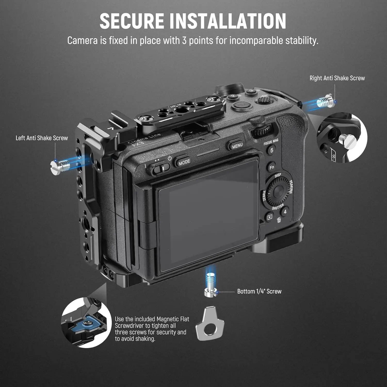 NEEWER FX3/FX30 カメラケージ ケーブルクランプ付き NATO レール 3/8 ARRI 位置決め穴 Sony FX3 FX30 オリジナル XLR ハンドル用