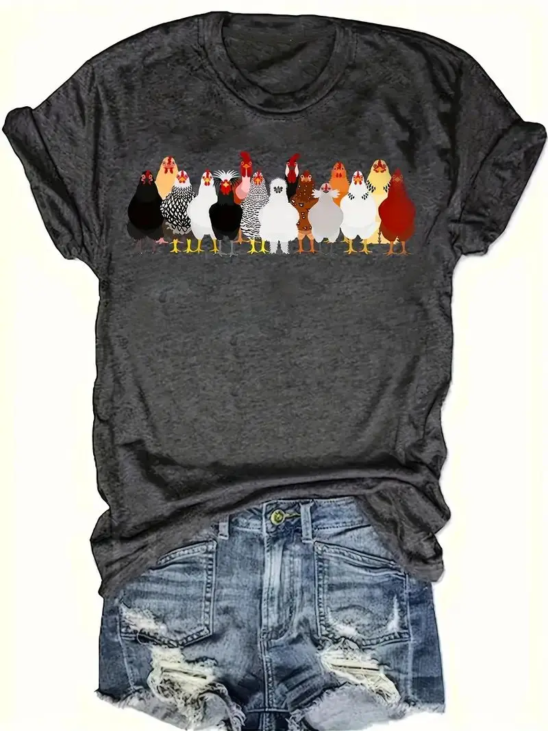 

Plus Size Women's T - shirt with Colorful Chicken Pattern, Dark Gray, Daily Wear