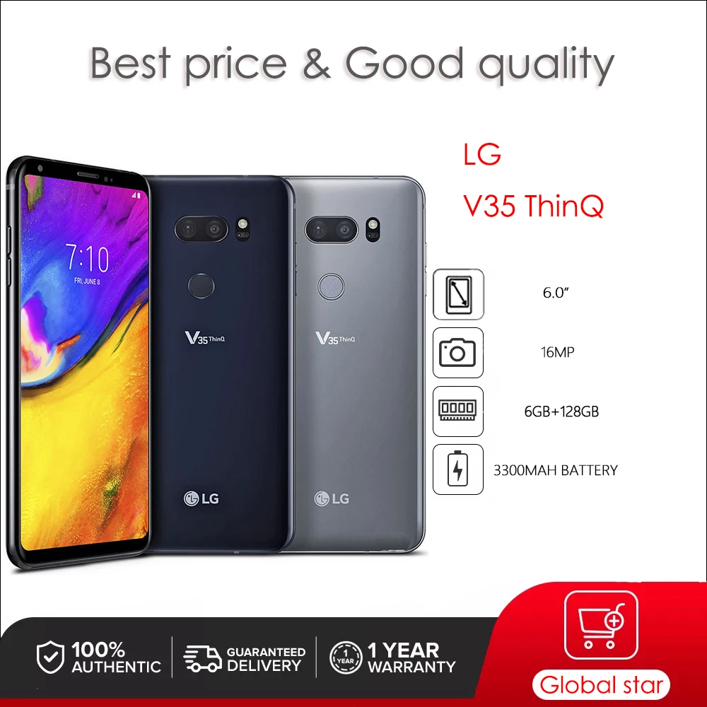 هاتف LG V35 ThinQ الأصلي غير مقفول بشريحتين 6 جيجابايت رام 64 جيجابايت ثماني النواة 16 ميجابكسل 6.0 بوصة 3300 مللي أمبير في الساعة أندرويد 8 FM QC3 الذكي