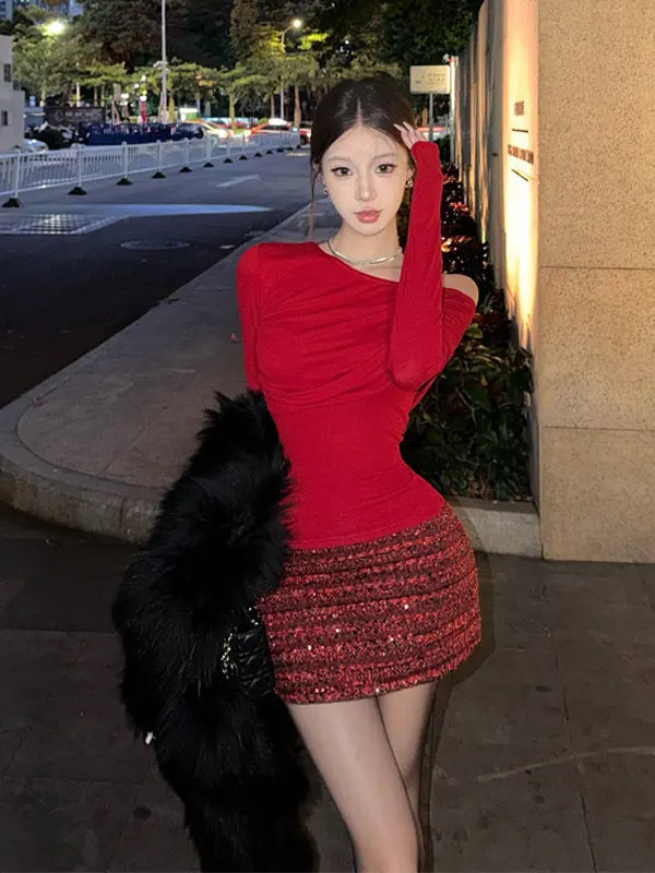 

Retro Unique Red Top And Skirt Set f Body Skirt Wrap Sle Two Piece Suit Anti Aging Whole Outfit Winter Collection