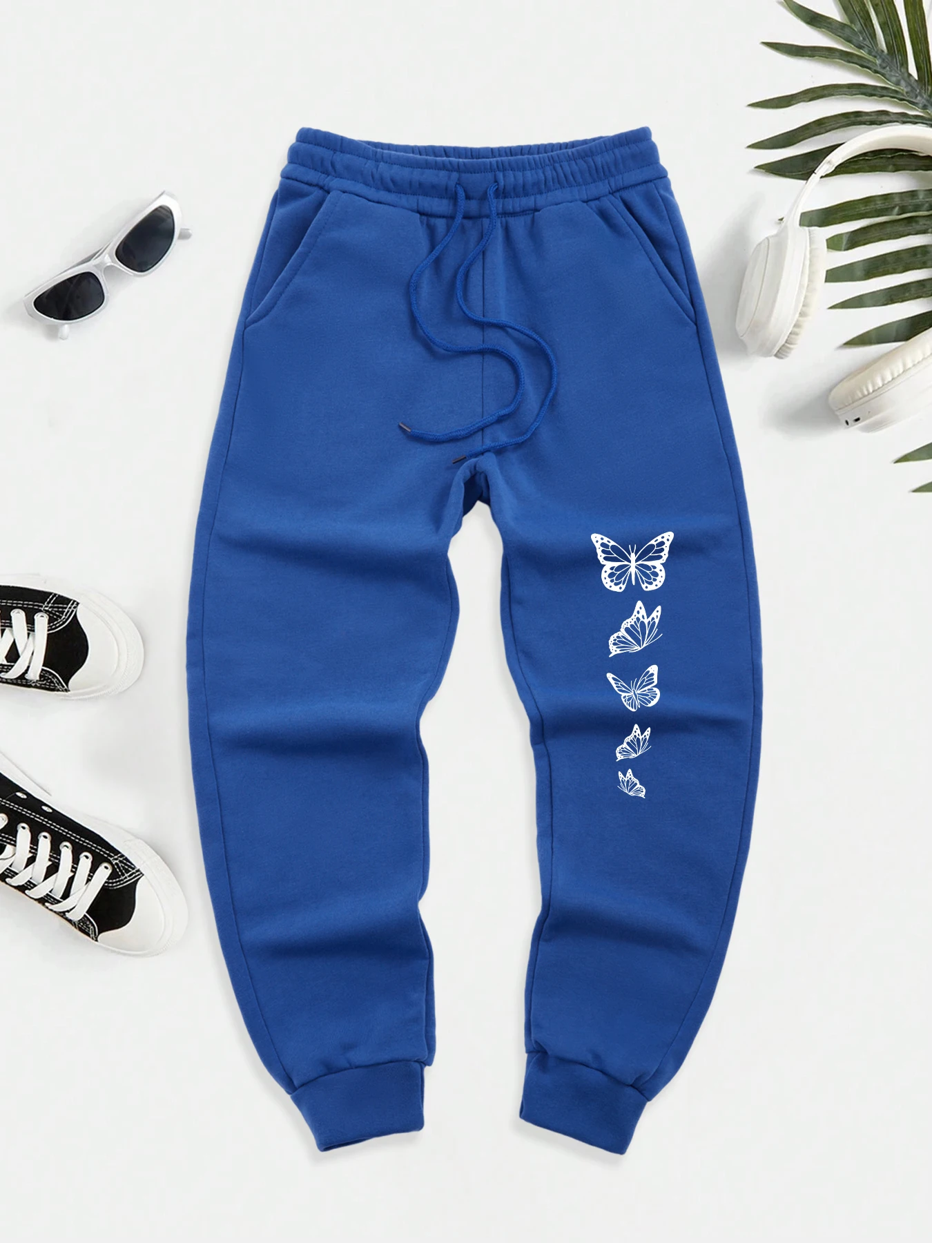 

Flying Butterfly Pattern Casual Basic Men Britches Loose Fashion Trousers With Drawstring Pockets Fleece Sweatpants Male New