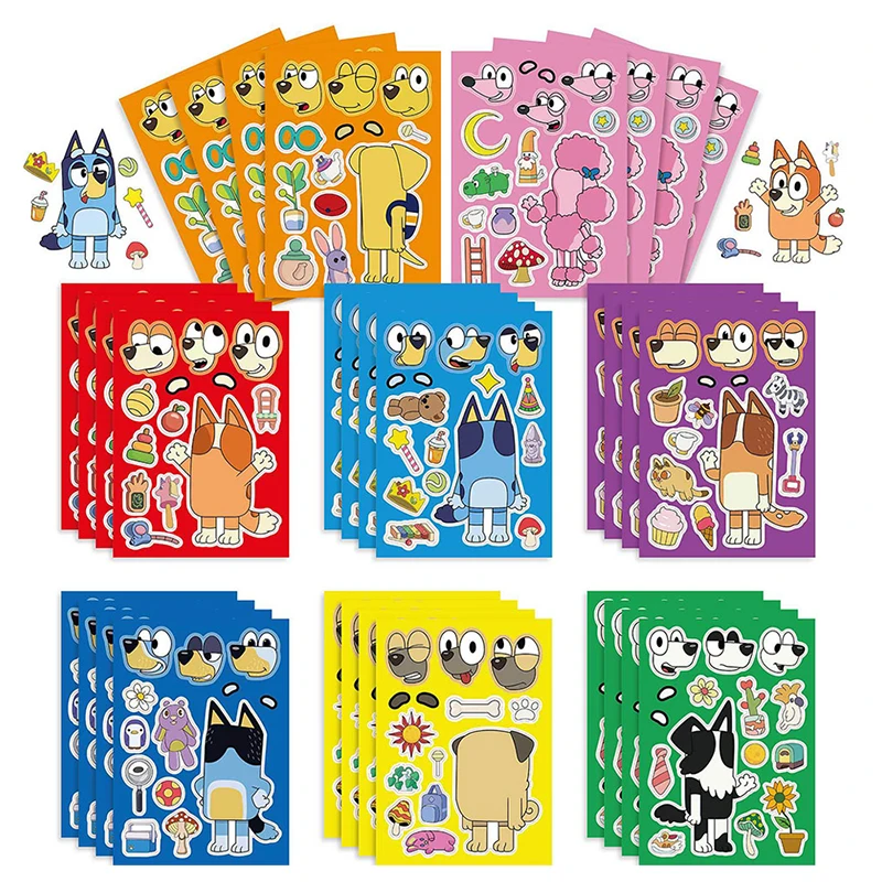 8/16/24pcs Bluey Bingo Splicing Stickers Cute Anime Figure Children Diy Color Interesting Puzzle Stickers Kids Toys Girl Gift