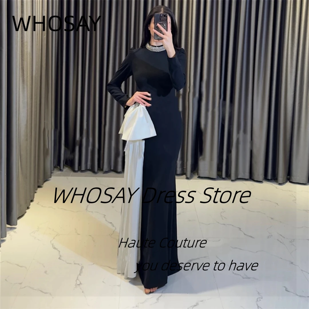 

WHOSAY Black Evening Dresses Customized Beaded High Collar Prom Party Dress with Bow Long Sleeves Robe Des Marrige