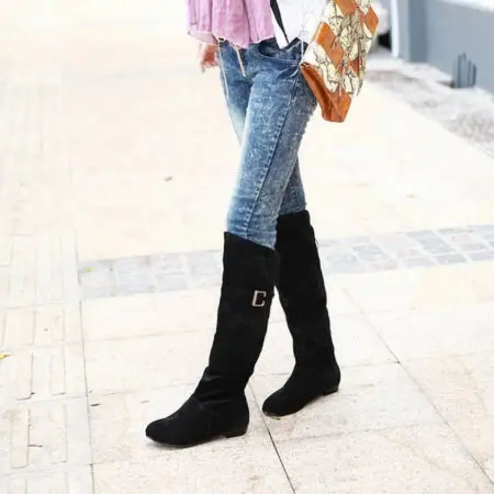 Botas Mujer Style Knee High Boots Women Round Toe Flat Heel Fahsion Belt Buckle Femme Black Yellow Brown Long Boots 822