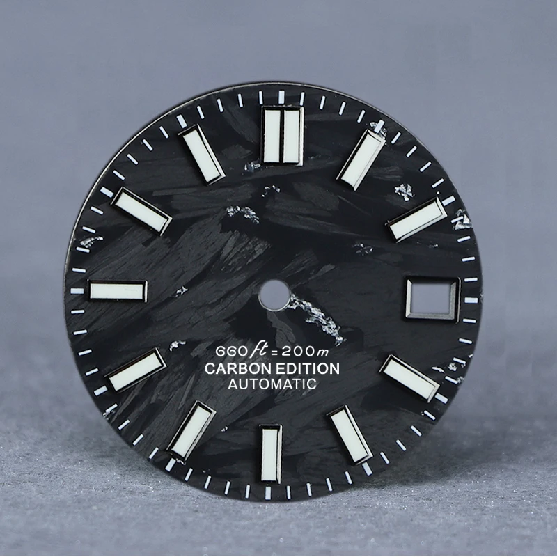 

SEAGIS 28.5mm silver Carbon fiber dial NH35 Dial Fit Blue Lume Watch dial No Logo gun index