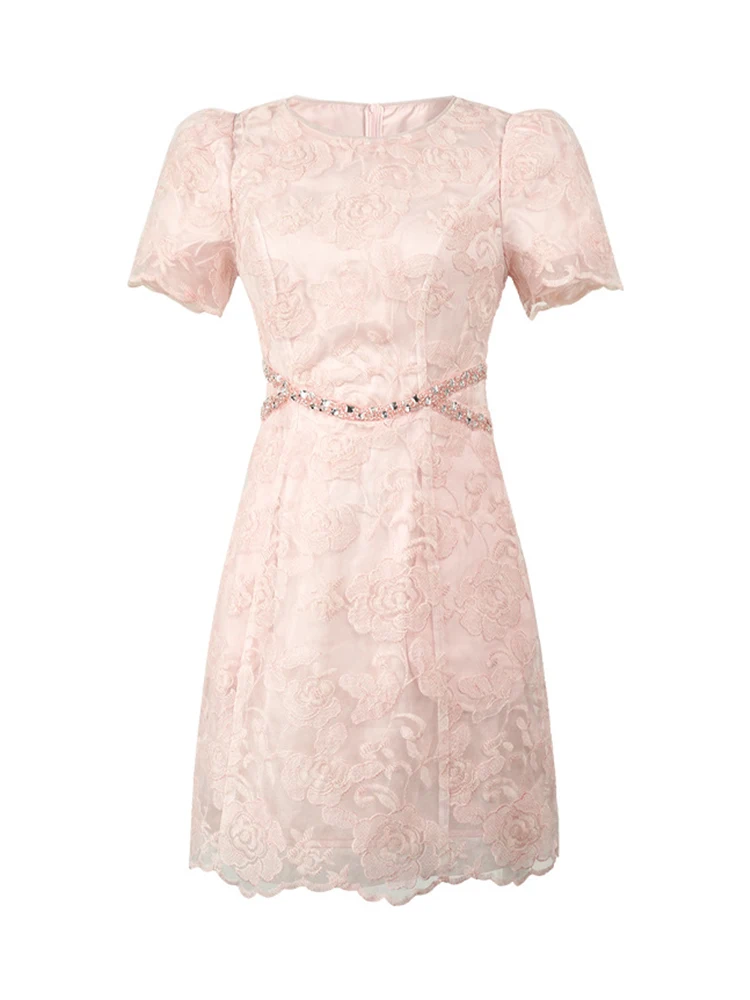 Frauen Straße Kleidung Rosa Blumen Stickerei Oansatz Schlank A-Line Kurzes Kleid Elegante Dame Party Prom Vestidos Formelle Anlässe Neue
