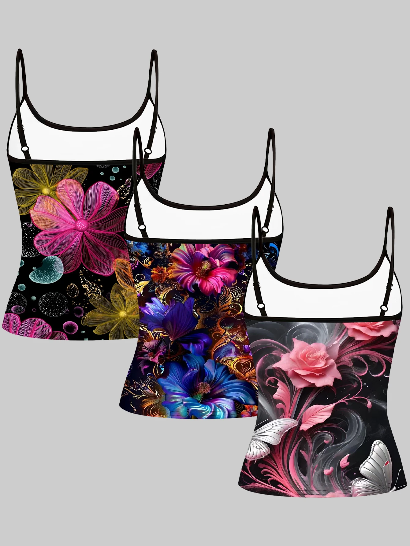 3-Pack of Colorful Neon Floral Print Camisoles for Women, Artistic Retro Large Floral Slim-Fit Sleeveless Tops for Hot Girls