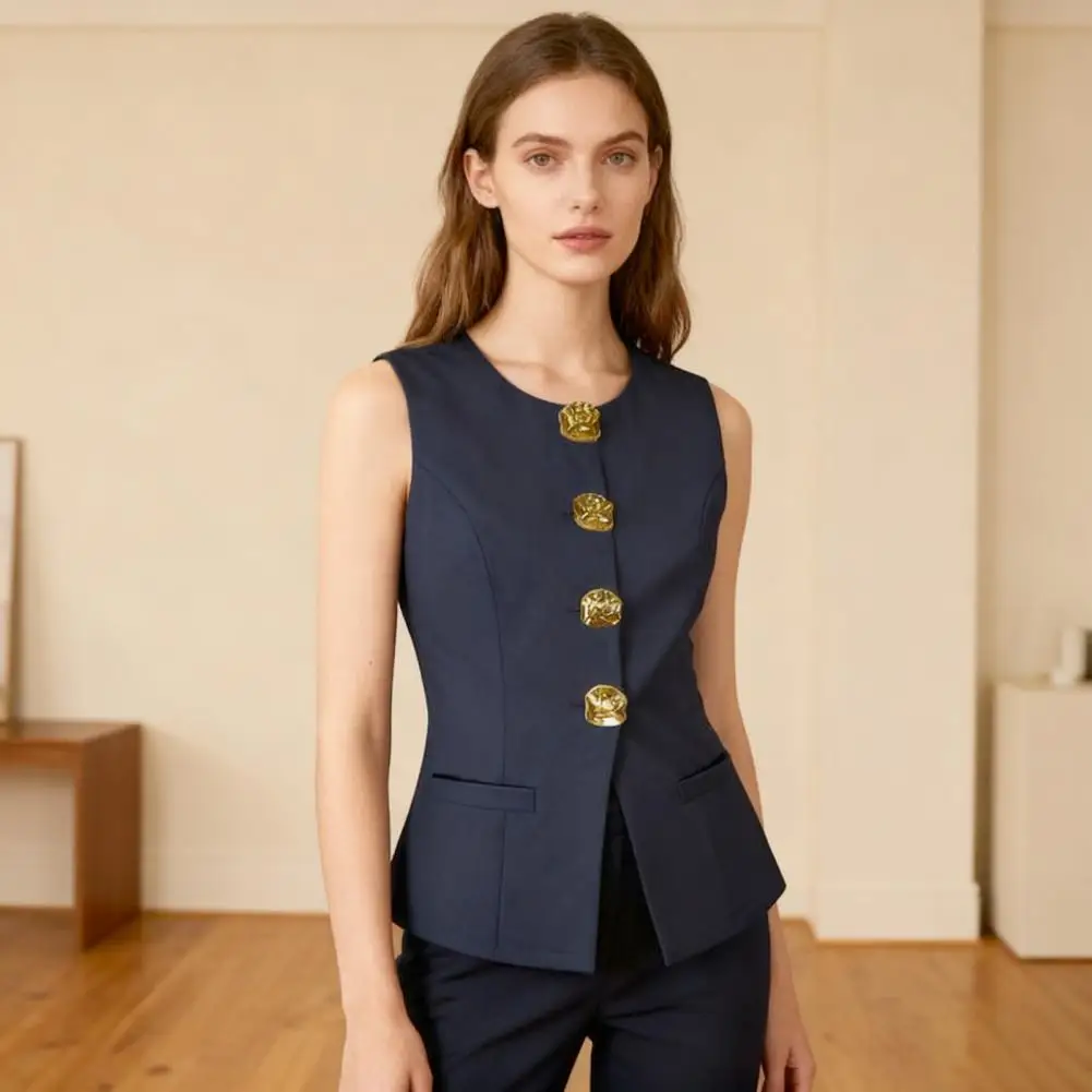 Neck Shoulder Lines Top Women's Sleeveless Blazer Vest Dressy Business Waistcoat Top Casual Button-down Office Suit for Work