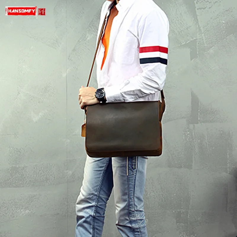 Men's Briefcase Shoulder Messenger Bag Genuine Leather Handbag Laptop Briefcases Retro Flap Buckle Business Crazy Horse Leather