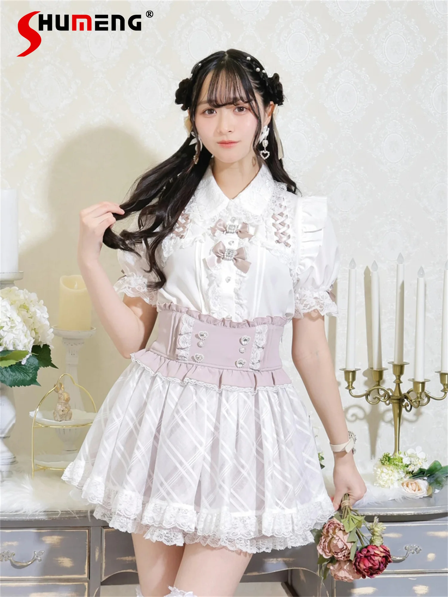 

Japanese Mine Style Mass-Produced Sweet Cute Lace Patchwork Heart Diamond Buckle High Waist Bow A-line Versatile Skirts Women