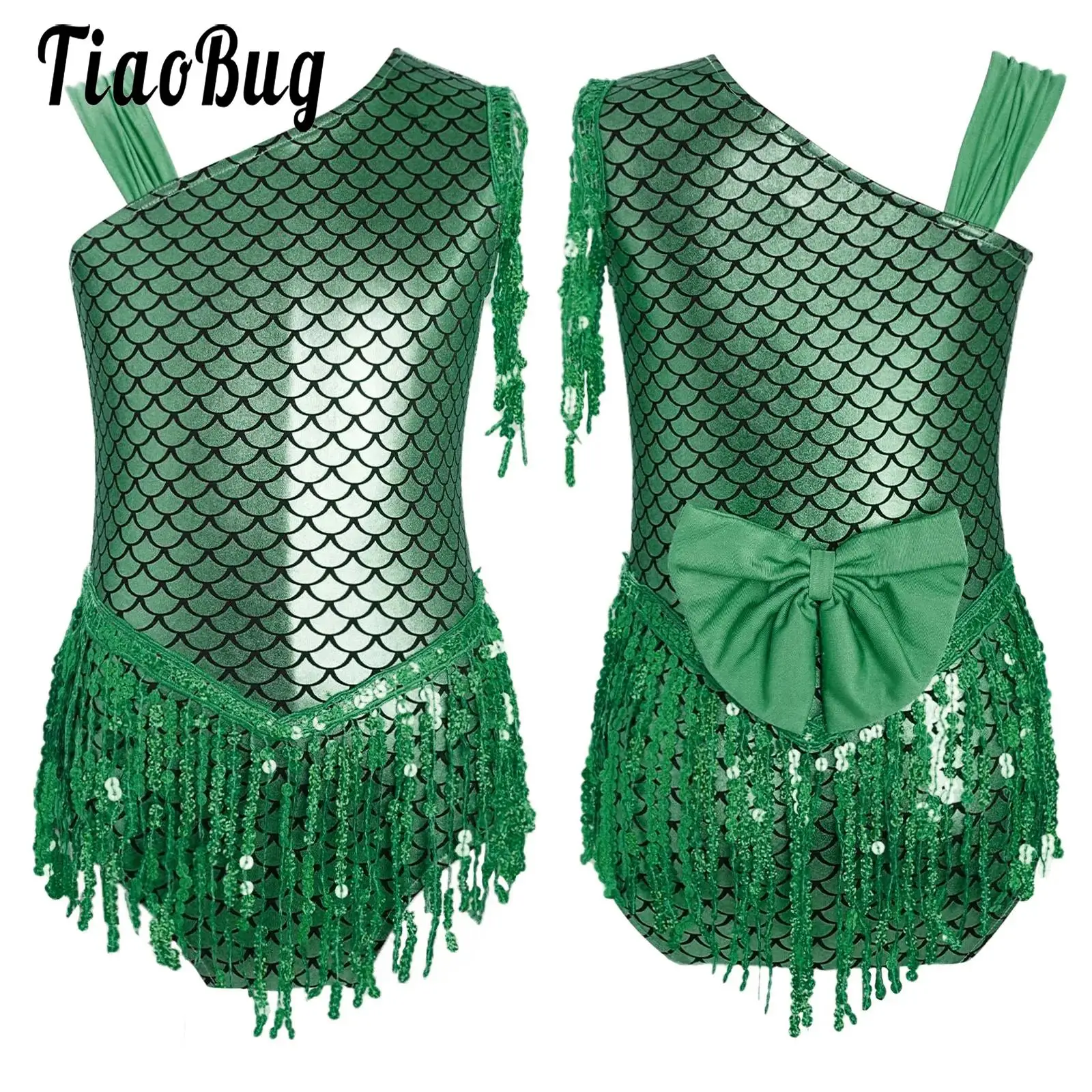 

Girls Dance Leotard Ballet Latin Tango Dancewear Fish Scale Print Sequin Tassels Bodysuits for Halloween Party Stage Performance