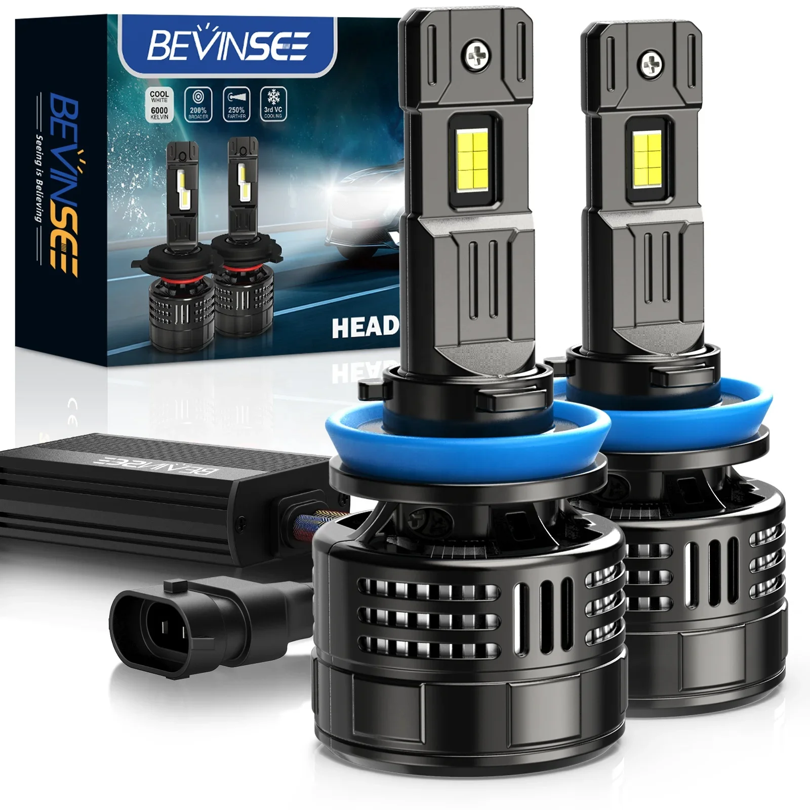 Bevinsee 2x V55 150W Bright H11 H8 H9 Fog Light LED 7545 CSP Chip 28000LM 6000K LED Headlight Bulbs For Toyota RAV4 2006-2012