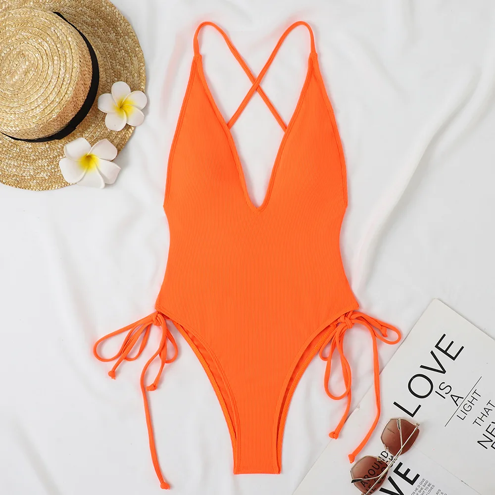 Cikini 1pc Solid Color Backless Halter Neck One-Piece Swimsuit For Vacation & Beach Summer Bathing Suit For Women