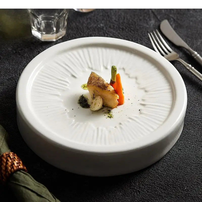 Round Featured Ceramic Pasta Sushi Steak Plate Simple Restaurant Solid Color Tableware Cooking Dishes Dinner Plates Serving Dish