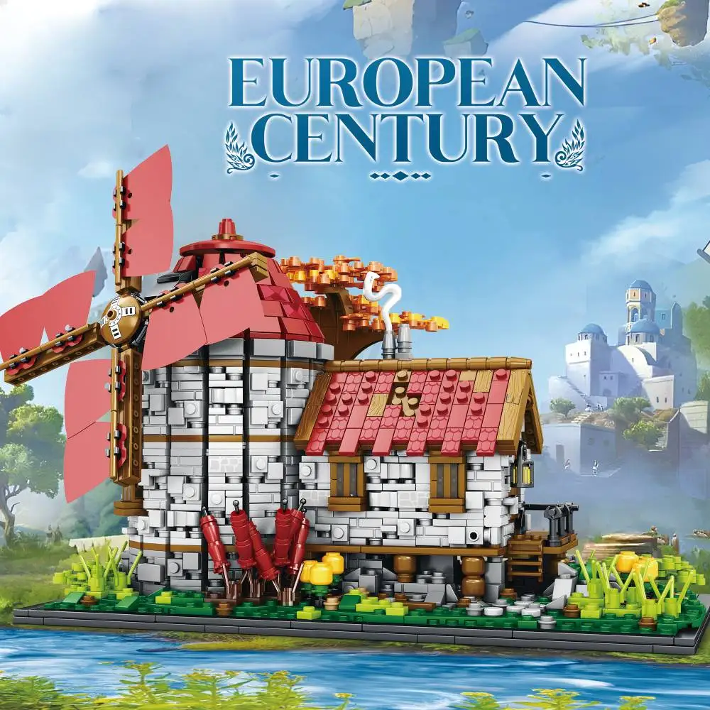 Juego de construcción de casa de molino de viento medieval, kit de castillo de pueblo de juguete de arquitectura de molino de viento de ciudad de 2296 piezas, regalo ideal para niñas y niños