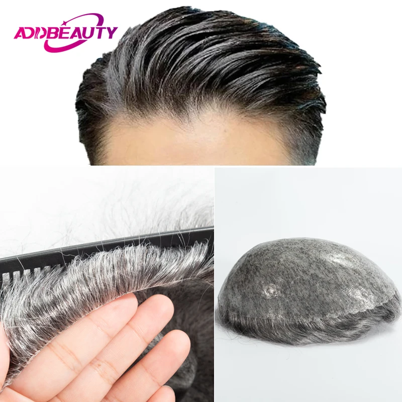 Men Toupee With Knots Indian Human Hair Wigs Thin Skin Full PU 0.14cm Human Hair Wigs Natural Hairline Indian Hair System Units