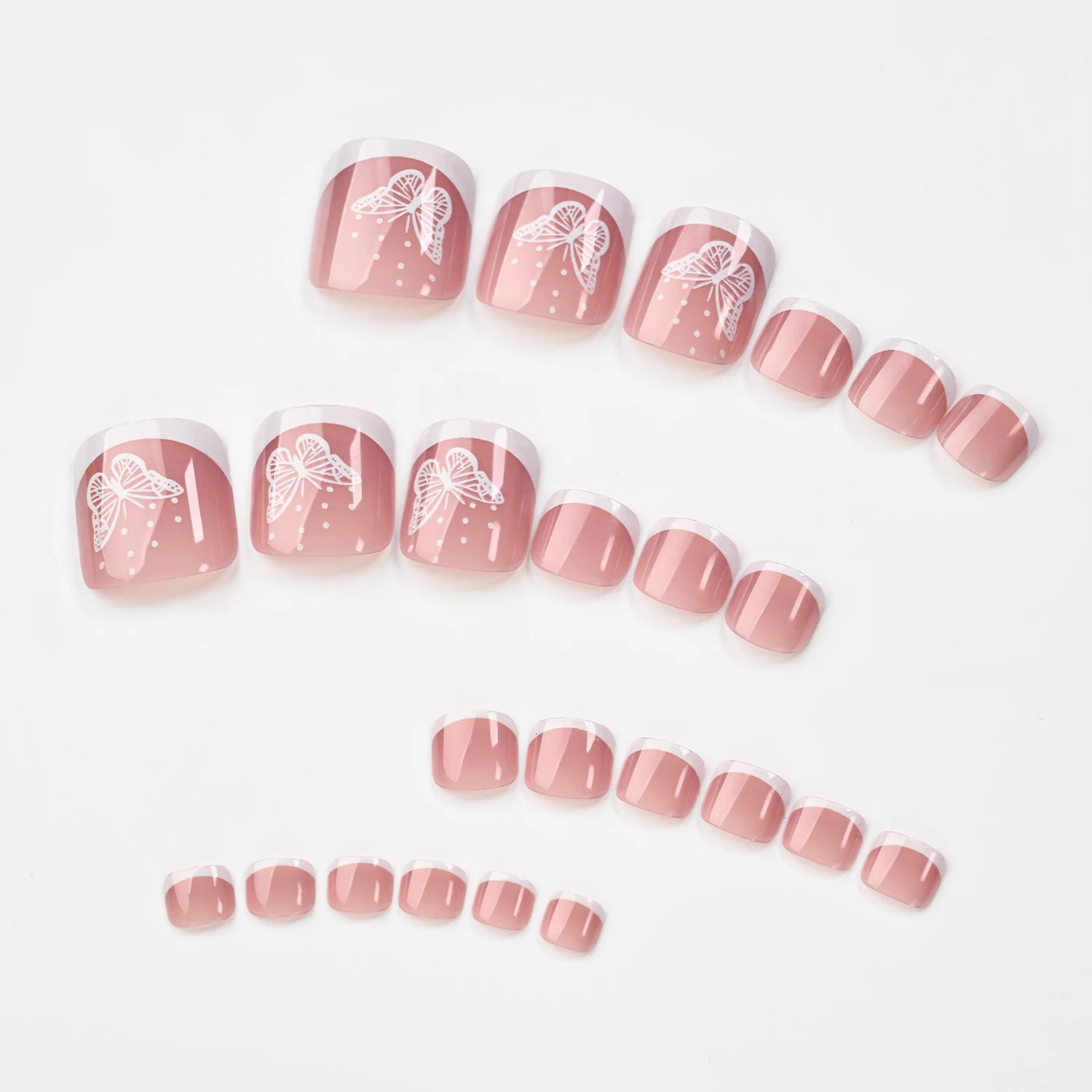 120 Stück Nude-Rosa Französische Künstliche Zehennägel Kurze Weiße Schmetterlings-French-Tips Quadratische Aufklebbare Zehennägel Sommer Strand Tägliche Fußmaniküre – Detail 7