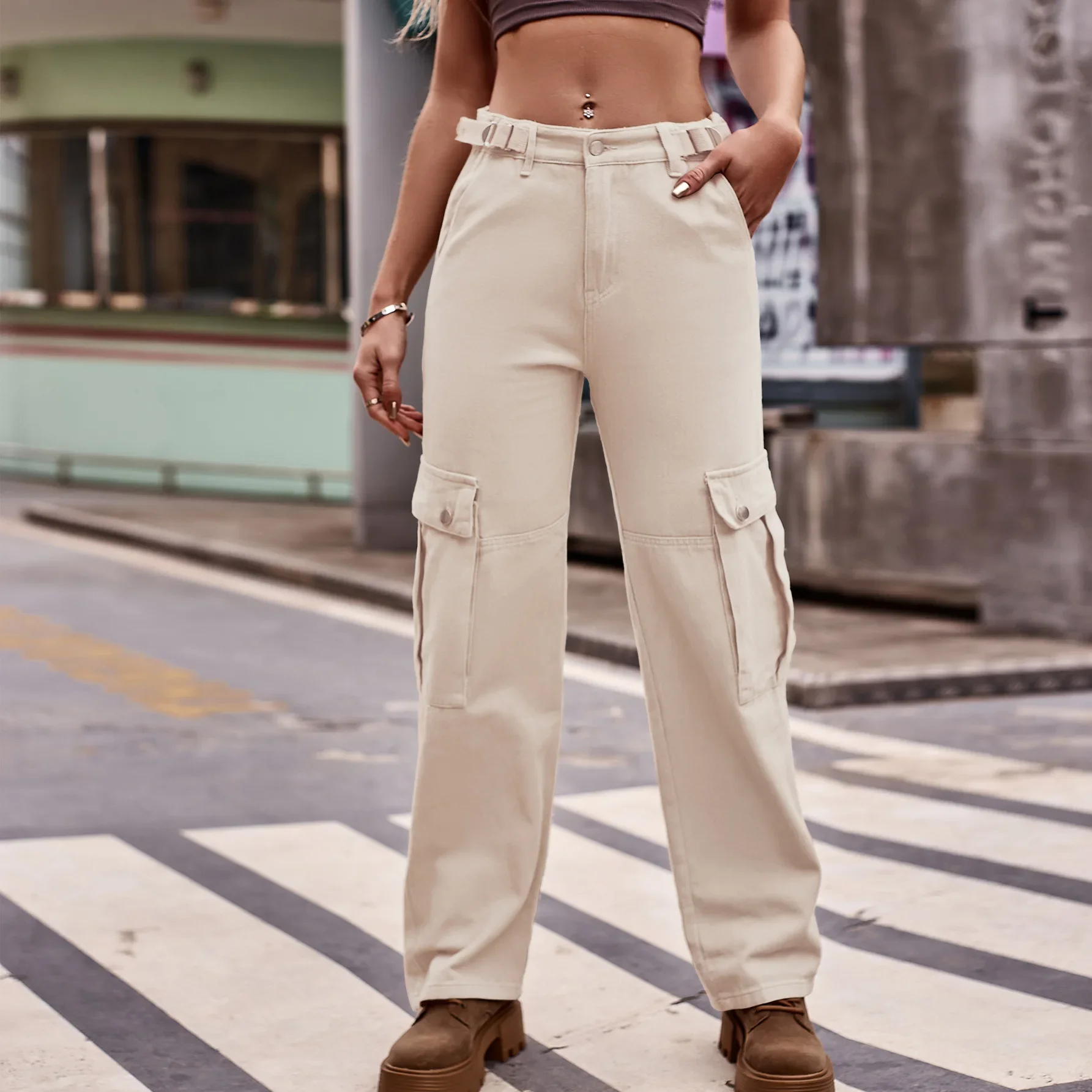 

Jeans Cargo Pants Women Mid Waist Pockets Button Zipper Fly Female Streetwear Denim Straight Trousers 2024 Vintage Denims