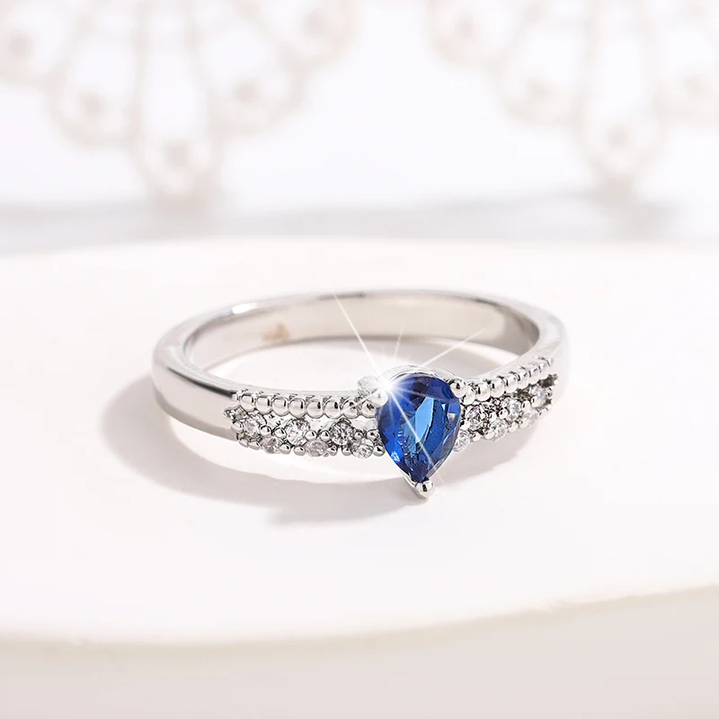 Fashion Double Hollow Water Drop Sapphire 925 Silver Plated Ring for Women Wedding Party Jewelry Gift