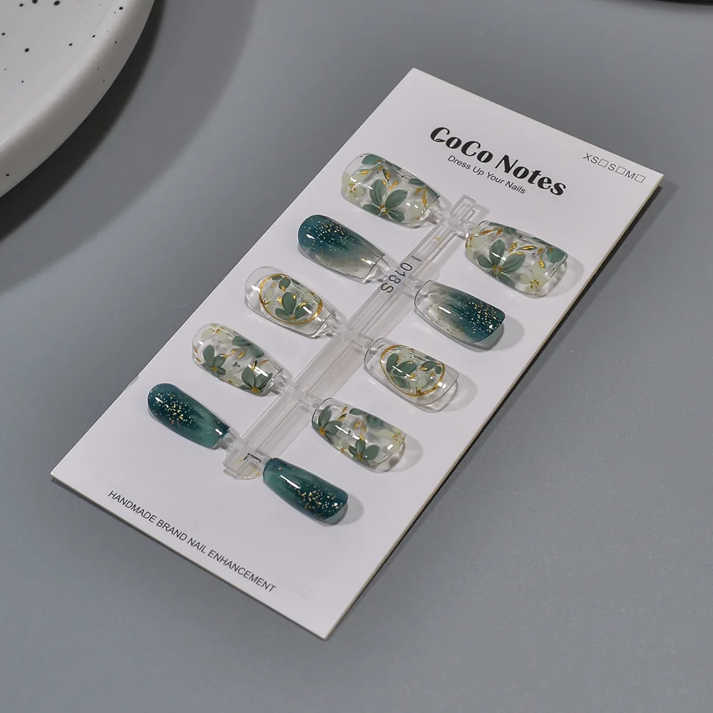 10 pçs primavera verão novas flores bronzeadoras verdes unhas falsas artesanais unhas curtas imprensa em unhas falsas dicas para menina mulher