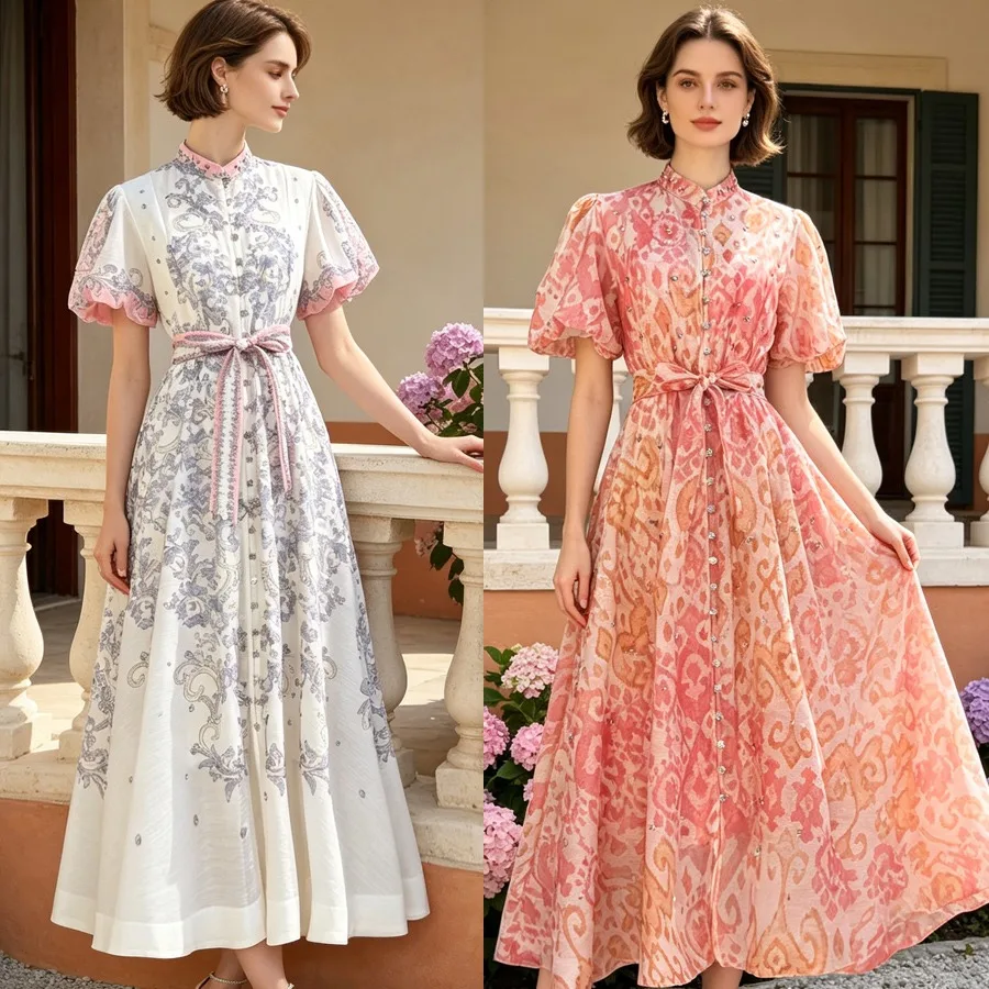 

Elegant Long A-Line Dress with Bubble Sleeves And Diamond Embellishments Midi Skirt Polyester Fabric Vintage Print Citywalk D...