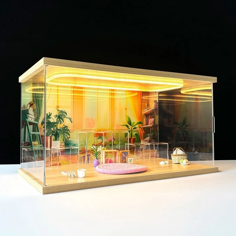 

Acrylic Lighted Clear Display Case For Pop Mart The Monsters Lazy Yoga Series Blind Box Figures Dustproof Desktop Storage Scene